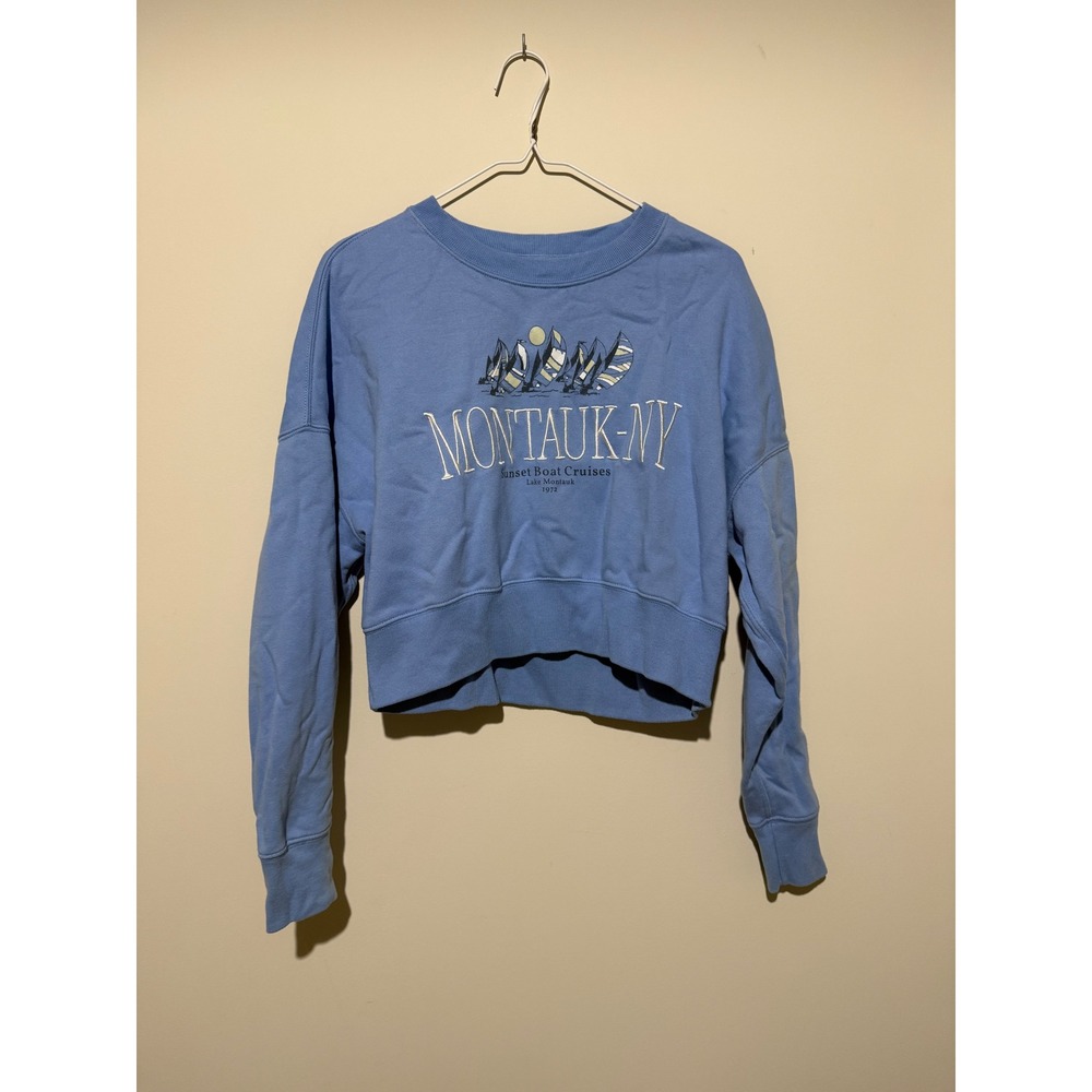 Abercrombie & Fitch Montauk NY Cropped Sweatshirt Blue Sunset Boat Cruises Small